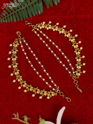 Antique triple layer mattal with kemp stones and pearl hangings