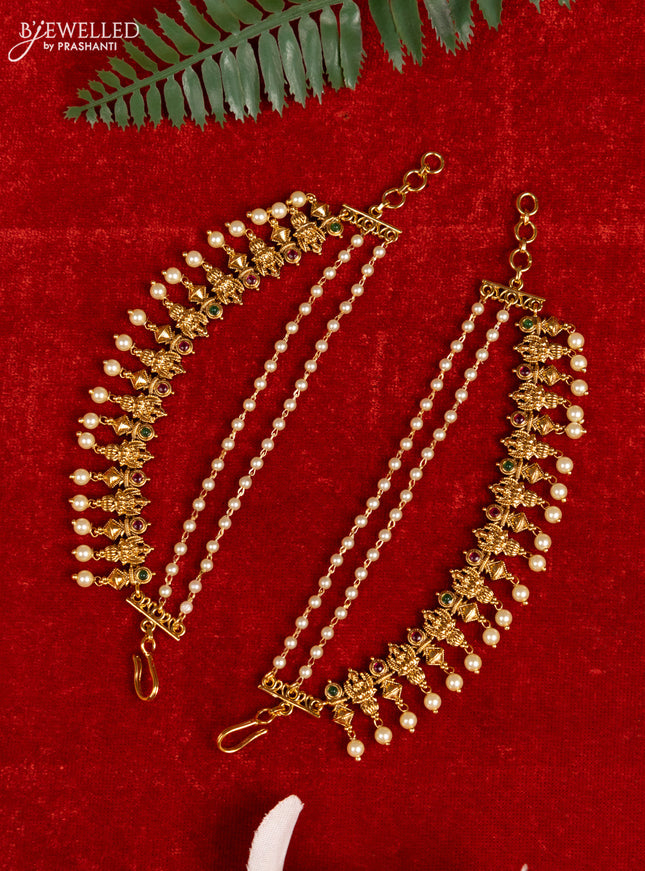 Antique triple layer mattal lakshmi design with kemp stones and pearl hangings