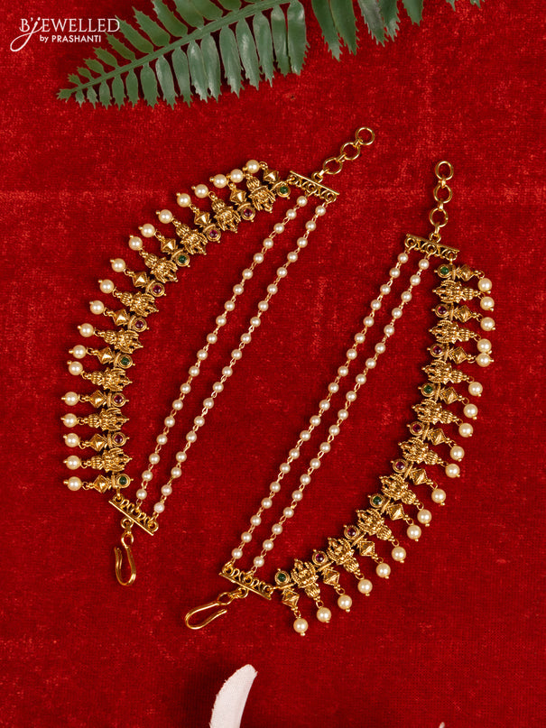 Antique triple layer mattal lakshmi design with kemp stones and pearl hangings
