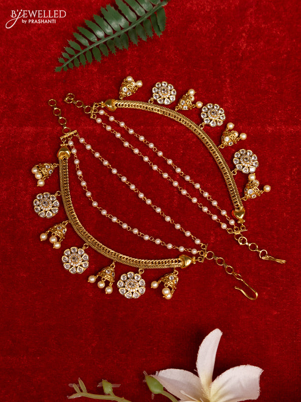 Antique triple layer mattal with cz stones and pearl hangings