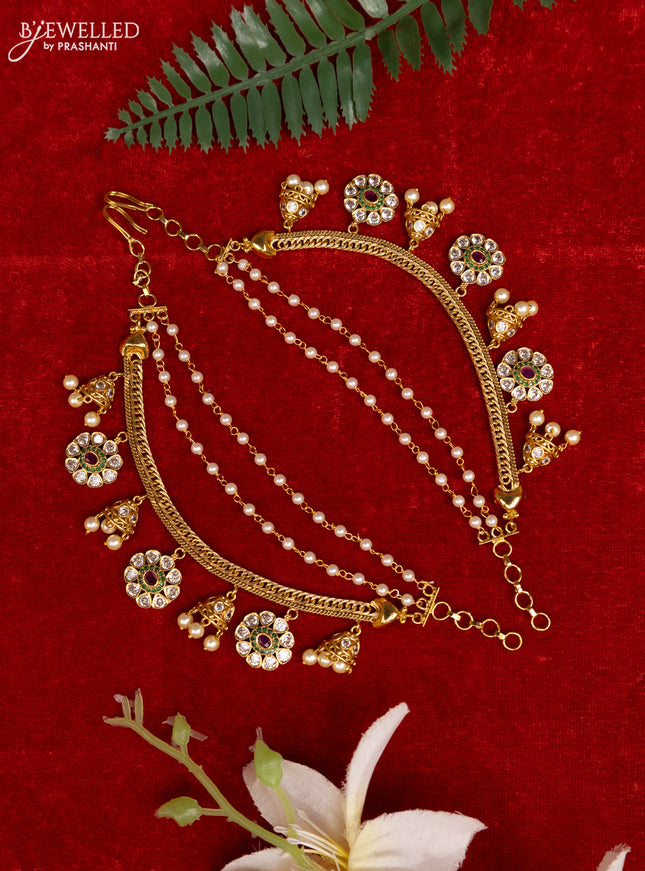 Antique triple layer mattal with kemp & cz stones and pearl hangings