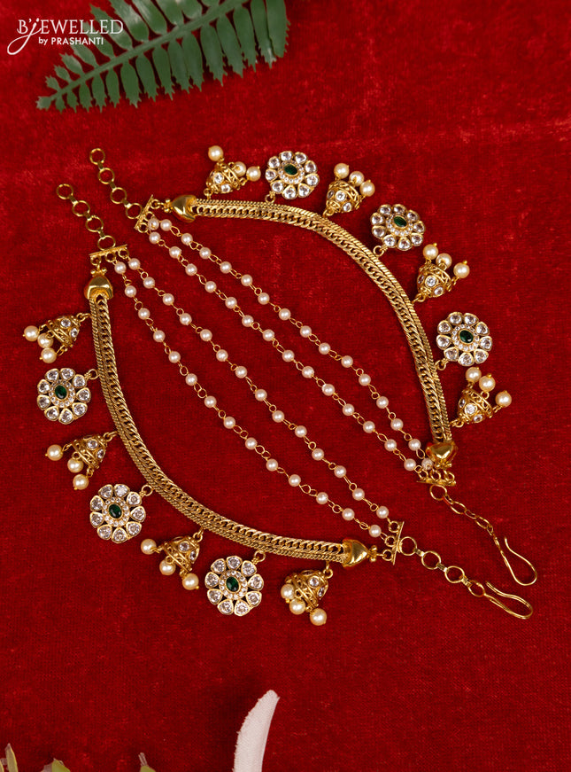 Antique triple layer mattal with emerald & cz stones and pearl hangings