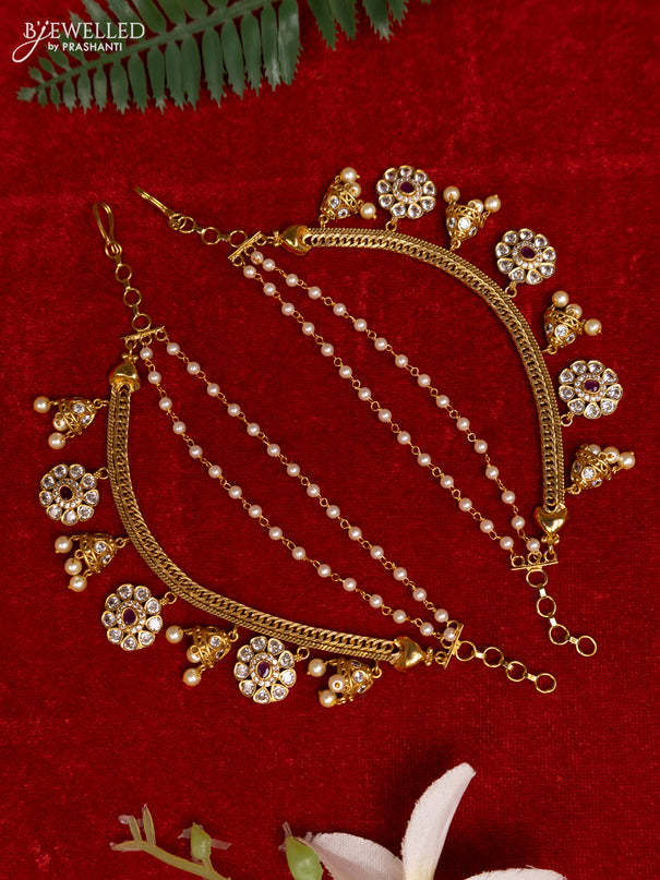 Antique triple layer mattal with ruby & cz stones and pearl hangings