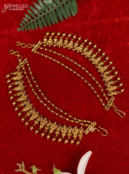 Antique triple layer mattal lakshmi design with ruby stones and golden beads hangings
