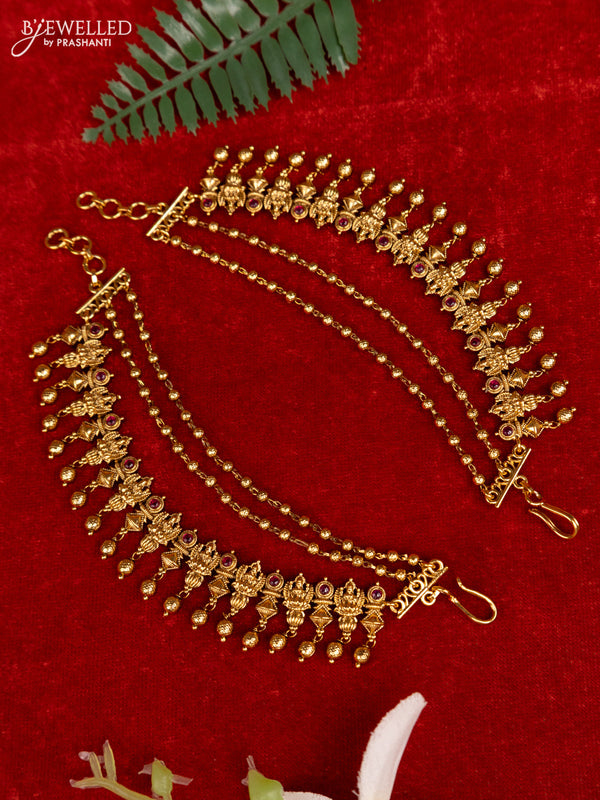 Antique triple layer mattal lakshmi design with ruby stones and golden beads hangings