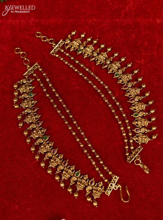 Antique triple layer mattal lakshmi design with kemp stones and golden beads hangings