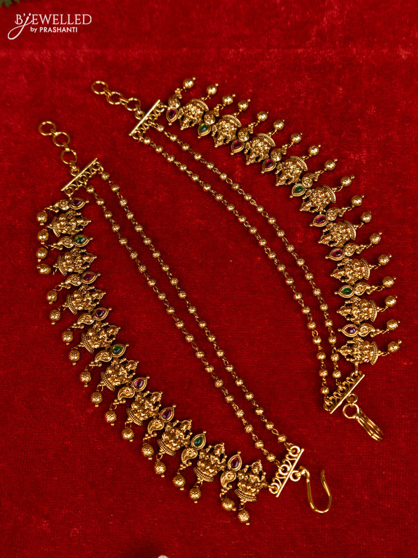 Antique triple layer mattal lakshmi design with kemp stones and golden beads hangings