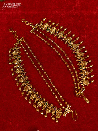 Antique triple layer mattal lakshmi design with kemp stones and golden beads hangings