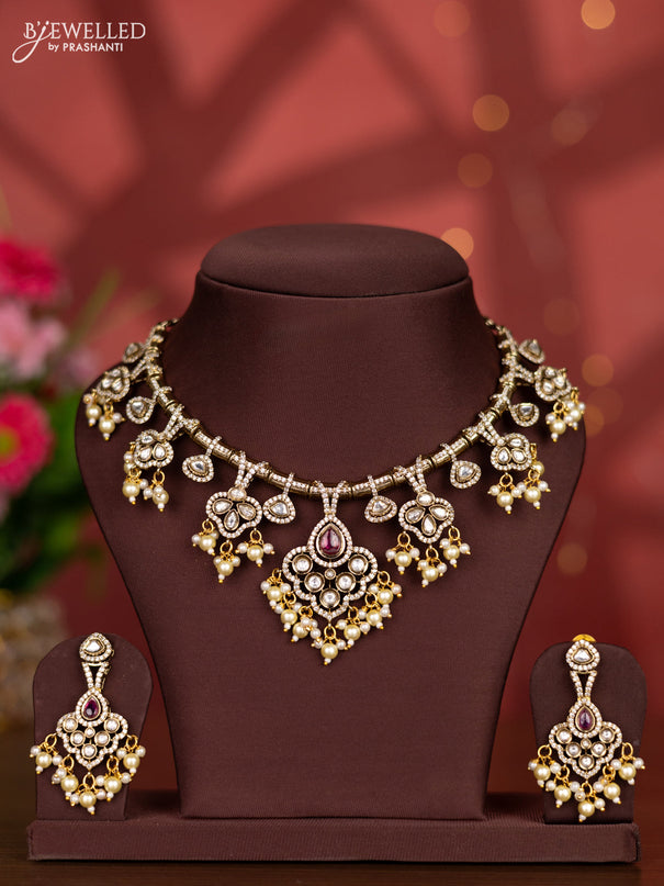 Necklace with ruby & kundan cz stones and pearl hangings in victorian finish