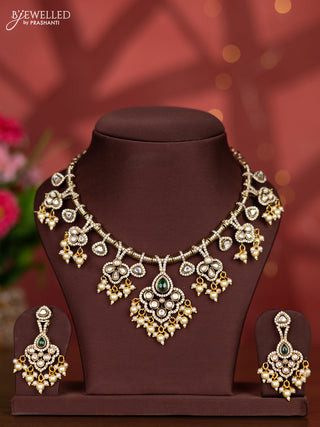 Necklace with emerald & kundan cz stones and pearl hangings in victorian finish