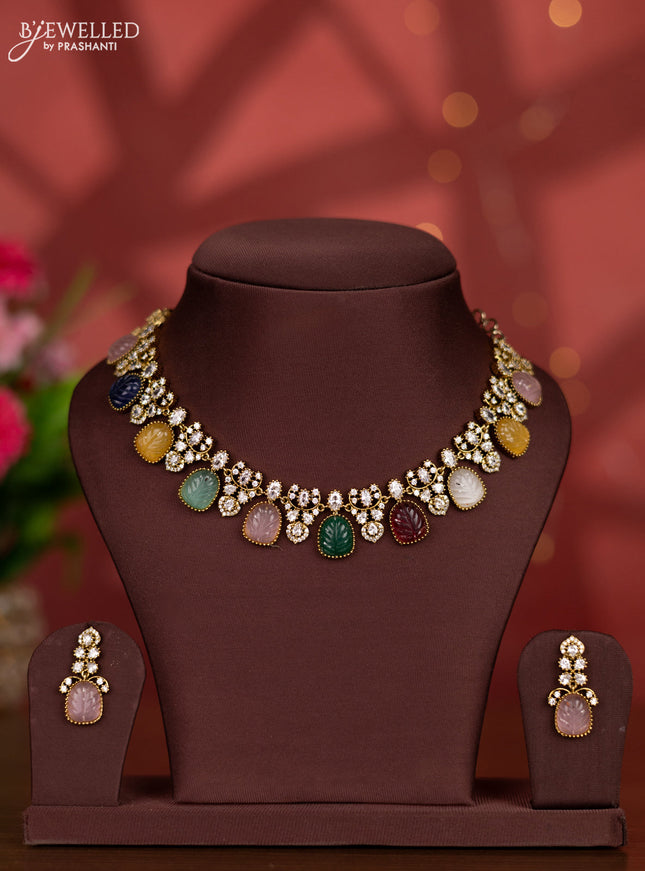 Necklace with multicolour and cz stones in victorian finish