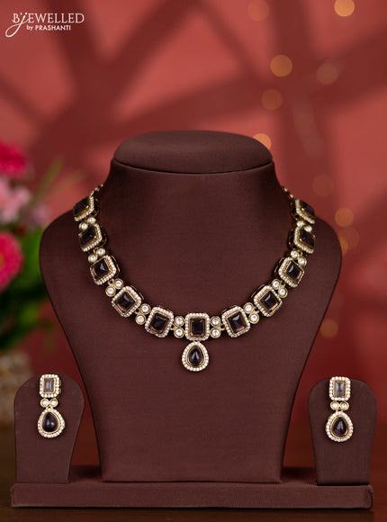 Necklace with purple and kundan & cz stones in victorian finish