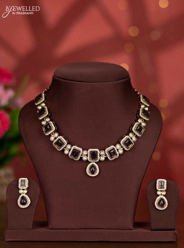 Necklace with purple and kundan & cz stones in victorian finish