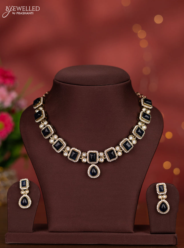 Necklace with sapphire and kundan & cz stones in victorian finish