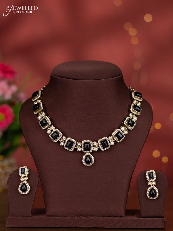 Necklace with sapphire and kundan & cz stones in victorian finish