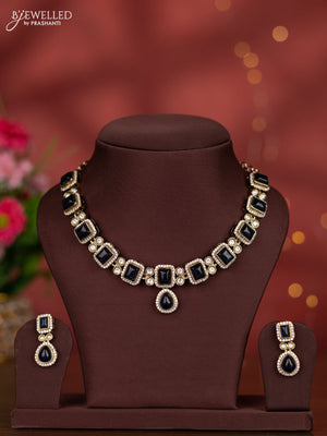 Necklace with sapphire and kundan & cz stones in victorian finish