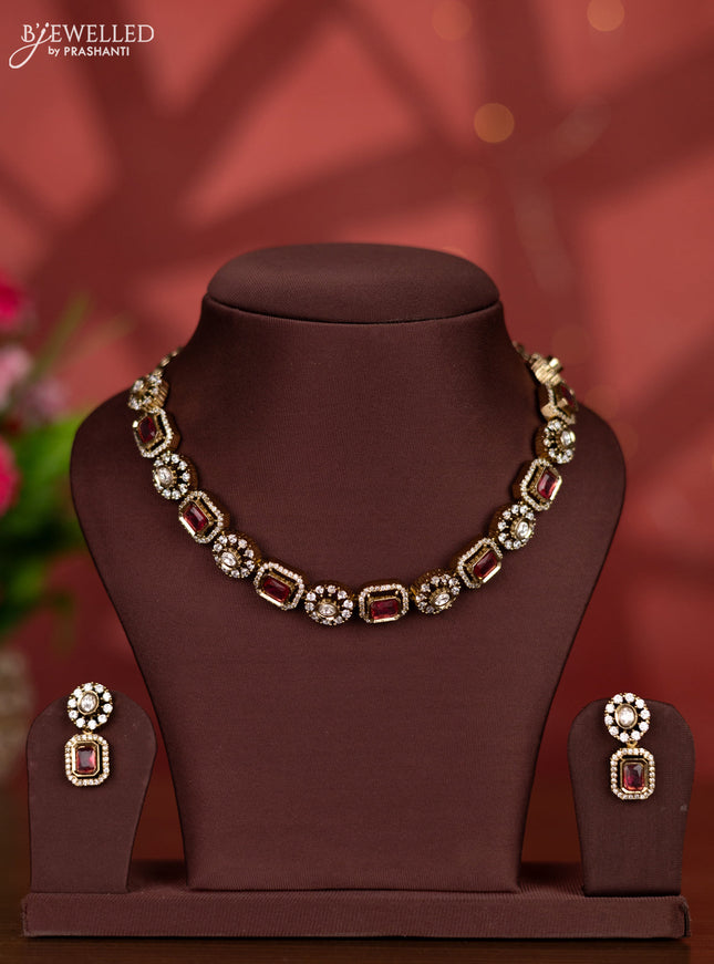 Necklace with ruby and kundan & cz stones in victorian finish