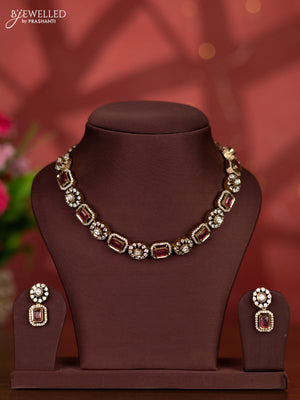 Necklace with ruby and kundan & cz stones in victorian finish