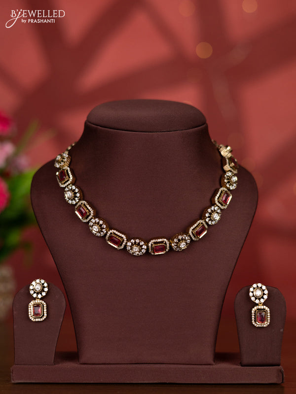 Necklace with ruby and kundan & cz stones in victorian finish