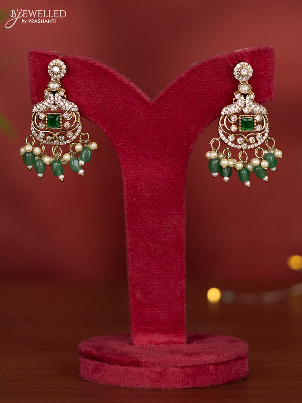 Necklace with emerald & kundan cz stones and green beads hangings in victorian finish