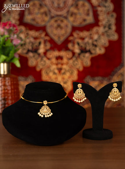 Antique ring type choker lakshmi design with kemp & cz stones and pearl hangings
