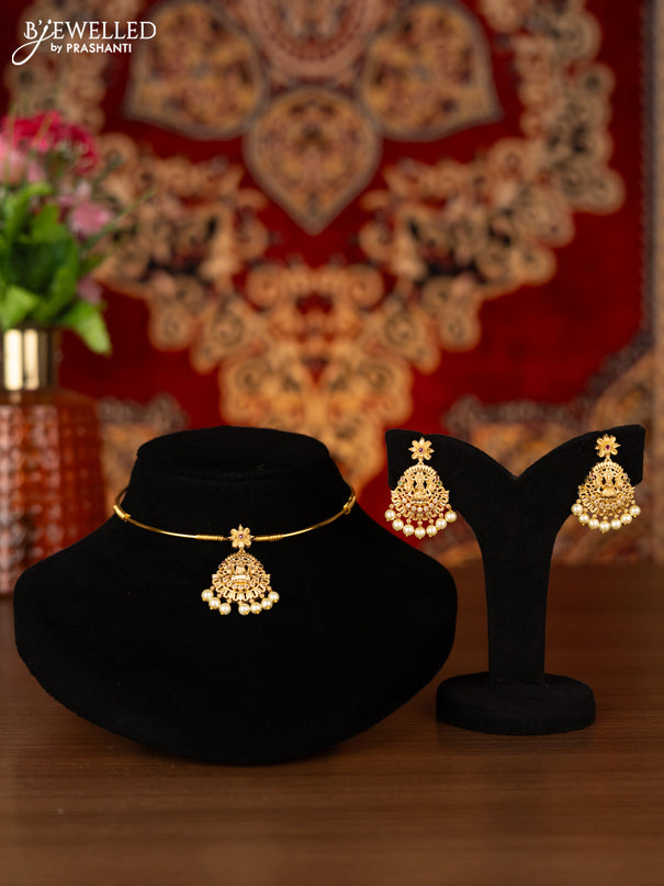Antique ring type choker lakshmi design with kemp & cz stones and pearl hangings