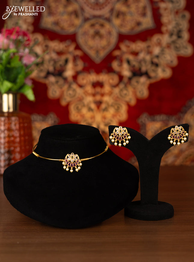 Antique ring type choker chandbali design with kemp & cz stones and pearl hangings