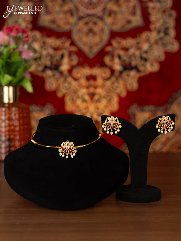 Antique ring type choker chandbali design with kemp & cz stones and pearl hangings