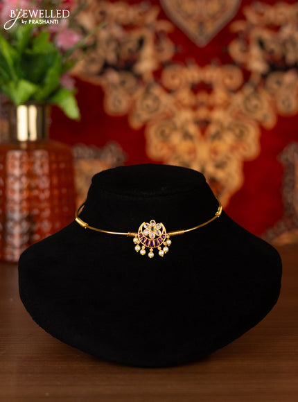 Antique ring type choker chandbali design with kemp & cz stones and pearl hangings