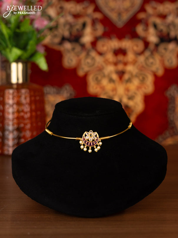 Antique ring type choker chandbali design with kemp & cz stones and pearl hangings