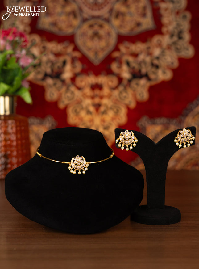 Antique ring type choker chandbali design with cz stones and pearl hangings