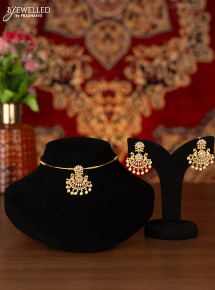 Antique ring type choker peacock design with cz stones and pearl hangings