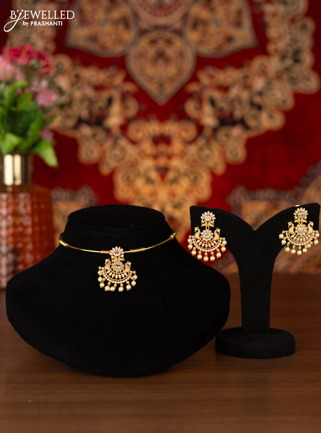 Antique ring type choker peacock design with cz stones and pearl hangings