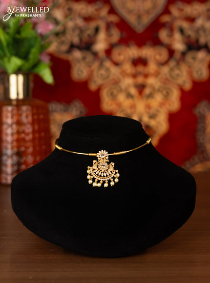 Antique ring type choker peacock design with cz stones and pearl hangings