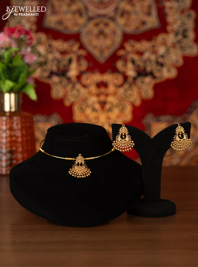 Antique ring type choker lakshmi design with kemp stones and golden beads hangings