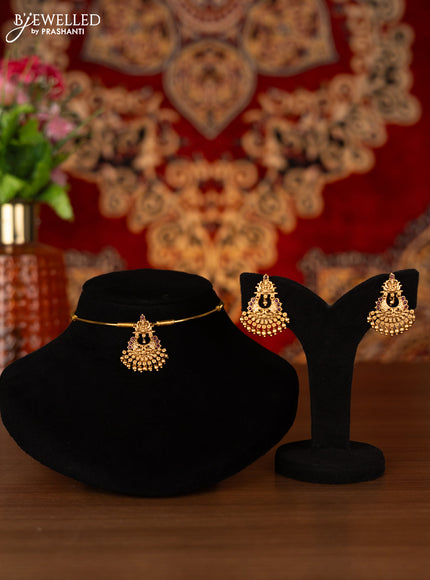 Antique ring type choker lakshmi design with ruby stones and golden beads hangings