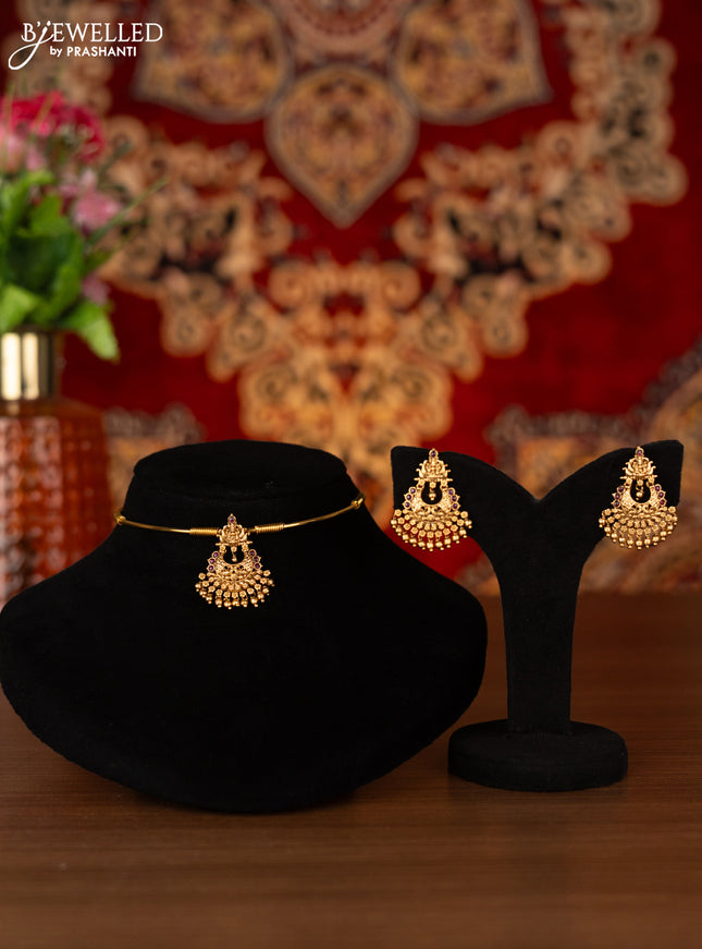 Antique ring type choker lakshmi design with ruby stones and golden beads hangings