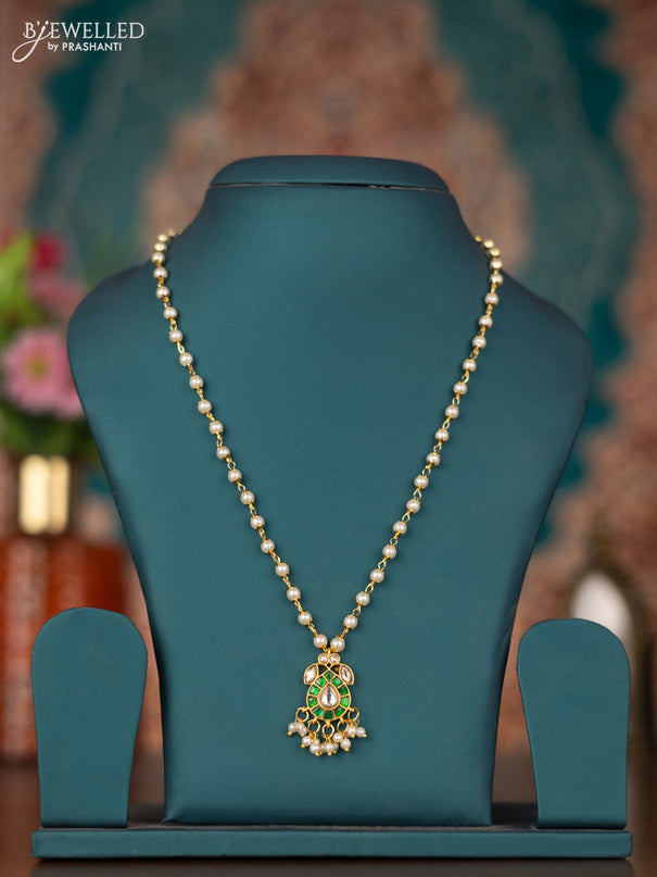 Pearl necklace with green jadau kundan stones