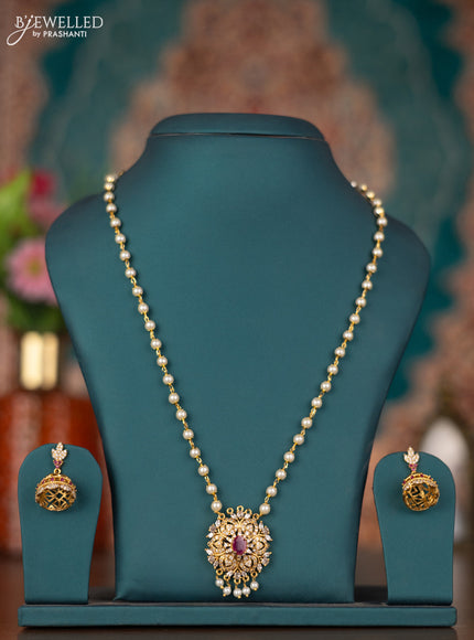 Pearl necklace with ruby and cz stones