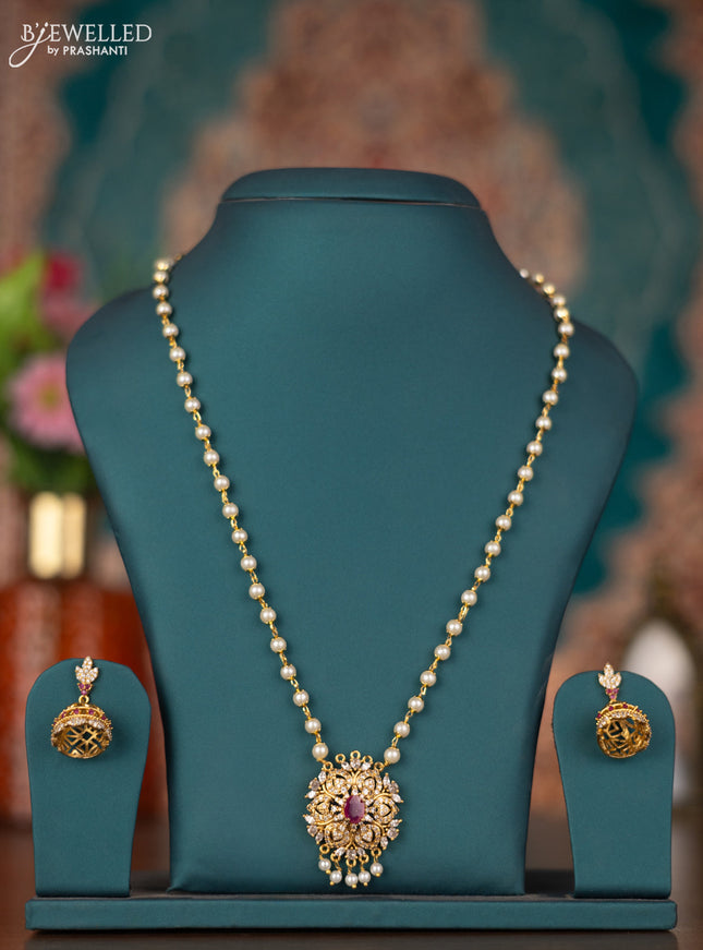 Pearl necklace with ruby and cz stones