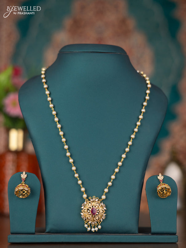 Pearl necklace with ruby and cz stones