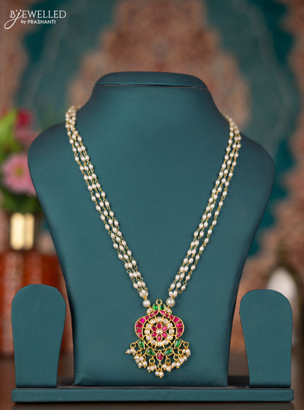 Pearl triple layer necklace with kemp jadau kundan stones and pearl hangings