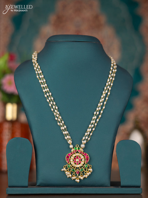 Pearl triple layer necklace with kemp jadau kundan stones and pearl hangings