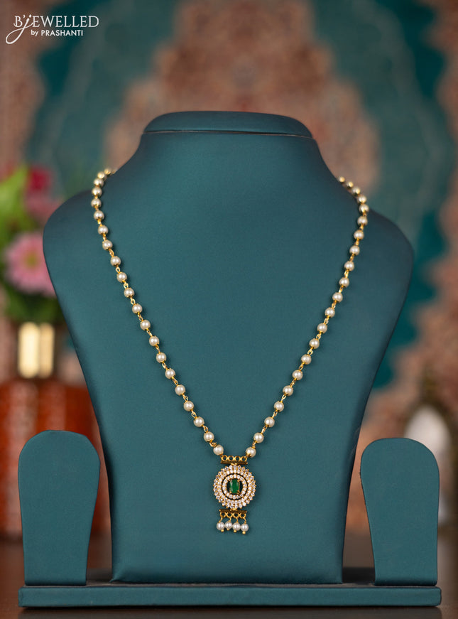 Pearl necklace with emerald & cz stones and pearl hangings