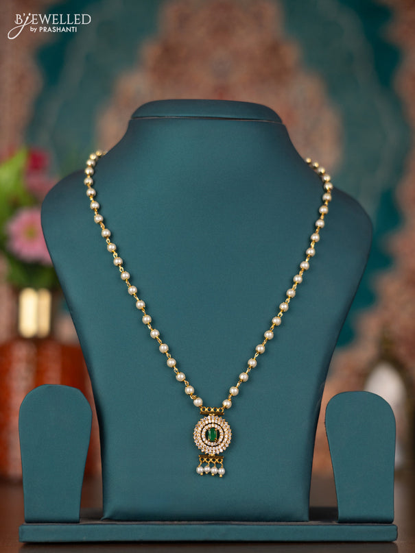 Pearl necklace with emerald & cz stones and pearl hangings
