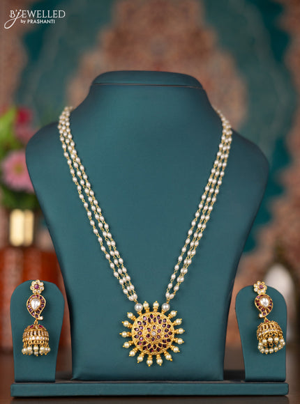 Pearl triple layer necklace with ruby & cz stones and pearls