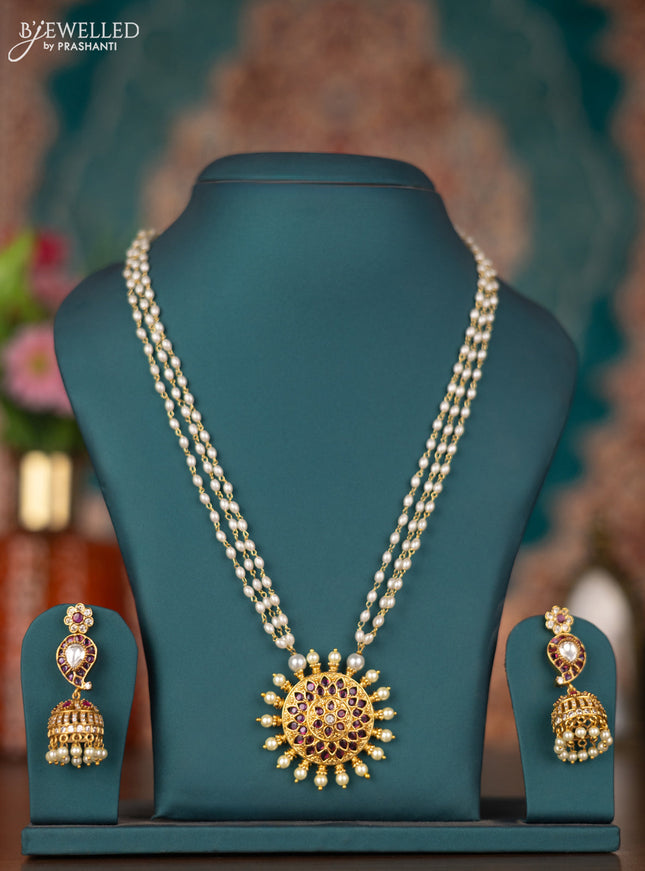 Pearl triple layer necklace with ruby & cz stones and pearls