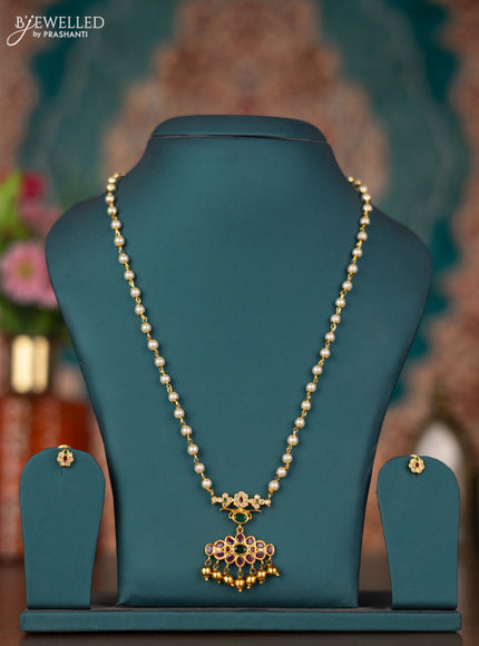 Pearl necklace with kemp & cz stones and golden beads hangings