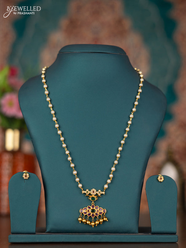 Pearl necklace with kemp & cz stones and golden beads hangings