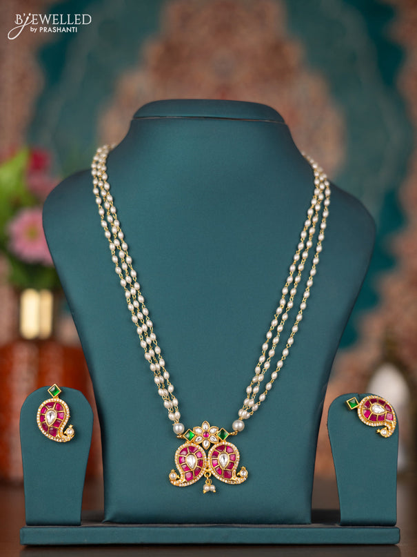Pearl triple layer necklace double manga pendant with jadau kundan & stones and pearl hangings